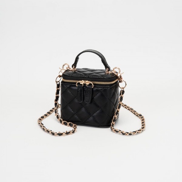 Quilted Vegan Leather Mini Tote Crossbody Bag 

- Full Zip Closure 
- Internal Mirror
- Lipstick Holder 
- Removeable Chain Link Crossbody Strap
- Approximately 4" L X 3.5" T X 3" D