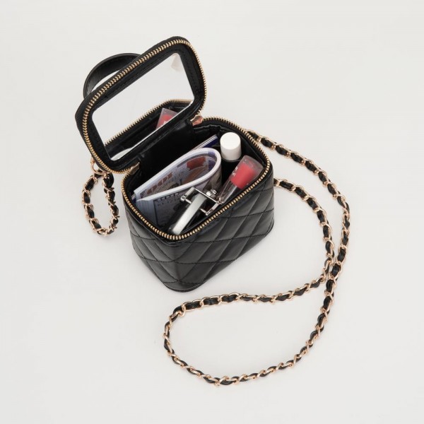 Quilted Vegan Leather Mini Tote Crossbody Bag 

- Full Zip Closure 
- Internal Mirror
- Lipstick Holder 
- Removeable Chain Link Crossbody Strap
- Approximately 4" L X 3.5" T X 3" D