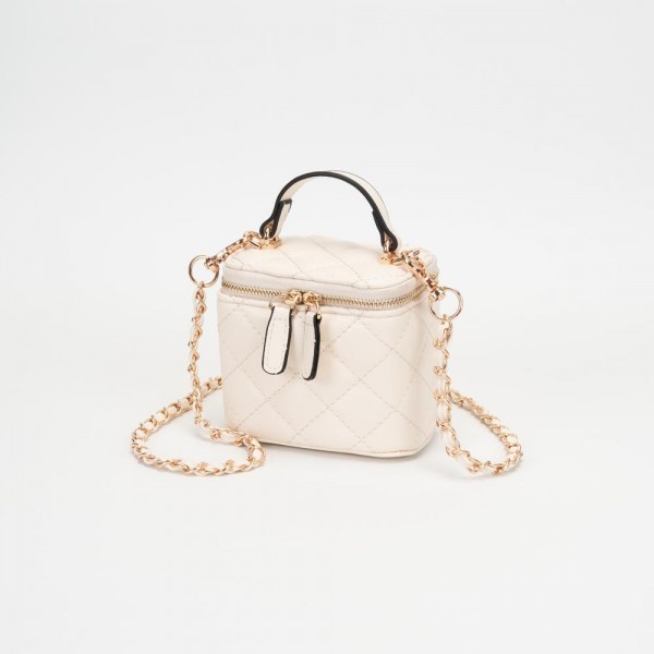 Quilted Vegan Leather Mini Tote Crossbody Bag 

- Full Zip Closure 
- Internal Mirror
- Lipstick Holder 
- Removeable Chain Link Crossbody Strap
- Approximately 4" L X 3.5" T X 3" D