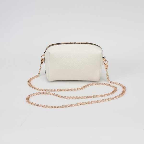 Vegan Leather Mini Cross Body Bag 

- Full Zip Closure 
- Lined Body 
- 1 Exterior Zip Pocket 
- 1 Internal Open Pocket
- Removable Chain Link Cross Body Strap  
- Approximately 22.5" L X 13.5" T X 5" D