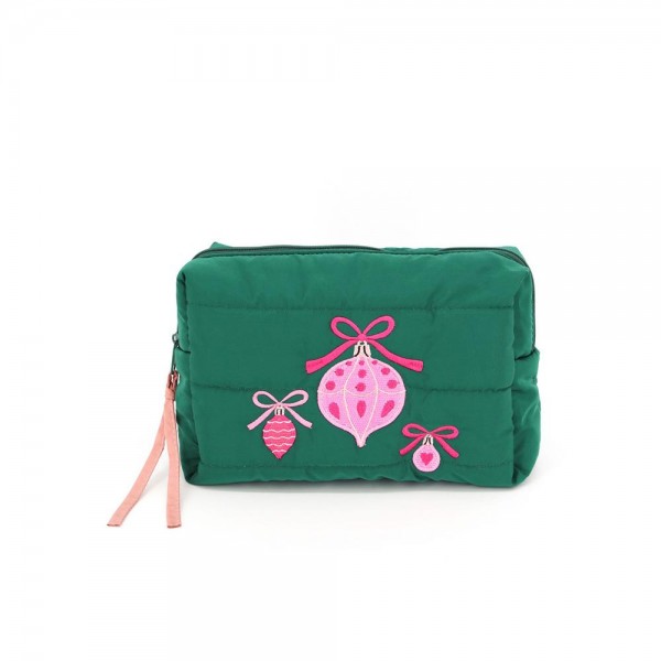 Quilted puffer bag with a padded body and embroidered hanging ornaments on the front. Sold as a padded tote and a matching zip pouch so she can carry the big one and keep the small one in it. A seasonal carry for boutique buyers stocking hostess gifts, teacher gifts, cookie exchanges, and holiday markets. Puffy quilted bags are light, wipe clean, and ring up as the easy grab and go gift all December.