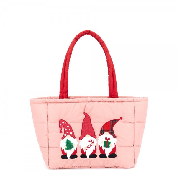 Quilted puffer bag with a padded body and an embroidered gnome trio across the front. Sold as a padded tote and a matching zip pouch so she can carry the big one and keep the small one in it. A seasonal carry for boutique buyers stocking hostess gifts, teacher gifts, cookie exchanges, and holiday markets. Puffy quilted bags are light, wipe clean, and ring up as the easy grab and go gift all December.