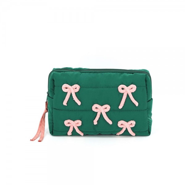 Quilted puffer bag with a padded body and scattered applique bows across the front. Sold as a padded tote and a matching zip pouch so she can carry the big one and keep the small one in it. A seasonal carry for boutique buyers stocking hostess gifts, teacher gifts, cookie exchanges, and holiday markets. Puffy quilted bags are light, wipe clean, and ring up as the easy grab and go gift all December.