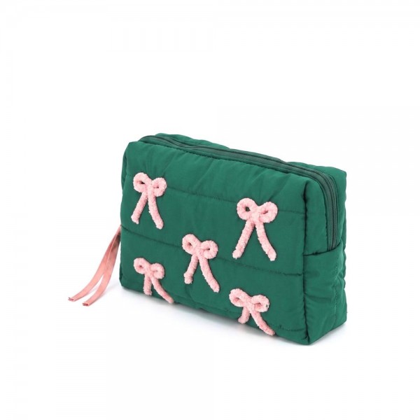 Quilted puffer bag with a padded body and scattered applique bows across the front. Sold as a padded tote and a matching zip pouch so she can carry the big one and keep the small one in it. A seasonal carry for boutique buyers stocking hostess gifts, teacher gifts, cookie exchanges, and holiday markets. Puffy quilted bags are light, wipe clean, and ring up as the easy grab and go gift all December.