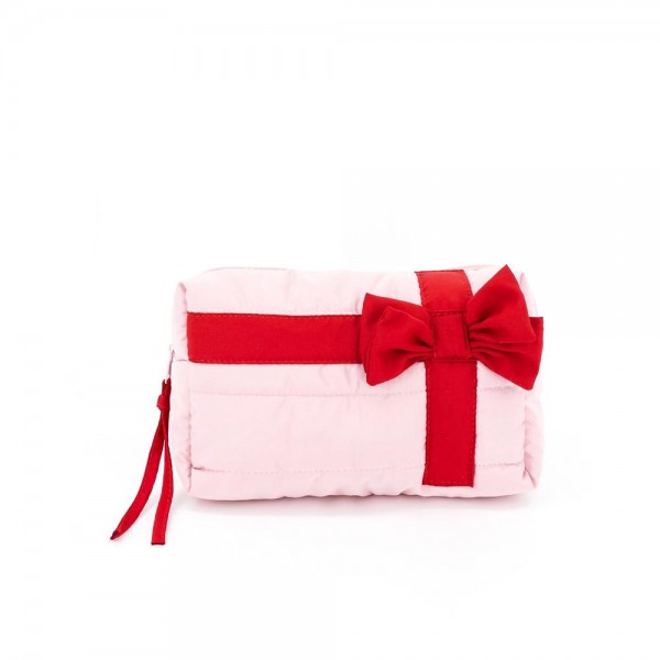 Quilted puffer bag styled like a wrapped present, with a contrast ribbon band and an oversized bow. Sold as a padded tote and a matching zip pouch so she can carry the big one and keep the small one in it. A seasonal carry for boutique buyers stocking hostess gifts, teacher gifts, cookie exchanges, and holiday markets. Puffy quilted bags are light, wipe clean, and ring up as the easy grab and go gift all December.
