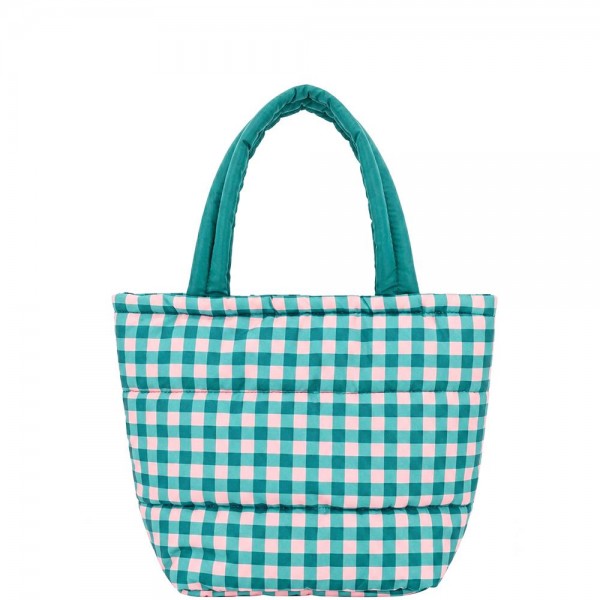 Quilted puffer bag in a checked gingham print with a padded body and matching padded handles. Sold as a padded tote and a matching zip pouch so she can carry the big one and keep the small one in it. A seasonal carry for boutique buyers stocking hostess gifts, teacher gifts, cookie exchanges, and holiday markets. Puffy quilted bags are light, wipe clean, and ring up as the easy grab and go gift all December.