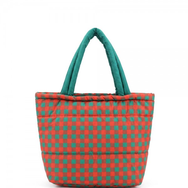 Quilted puffer bag in a checked gingham print with a padded body and matching padded handles. Sold as a padded tote and a matching zip pouch so she can carry the big one and keep the small one in it. A seasonal carry for boutique buyers stocking hostess gifts, teacher gifts, cookie exchanges, and holiday markets. Puffy quilted bags are light, wipe clean, and ring up as the easy grab and go gift all December.