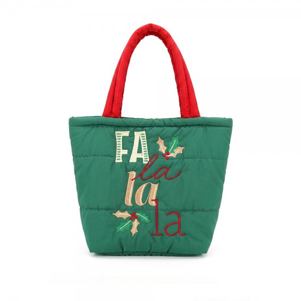 Quilted puffer bag with a padded body and an embroidered holiday script and holly design. Sold as a padded tote and a matching zip pouch so she can carry the big one and keep the small one in it. A seasonal carry for boutique buyers stocking hostess gifts, teacher gifts, cookie exchanges, and holiday markets. Puffy quilted bags are light, wipe clean, and ring up as the easy grab and go gift all December.