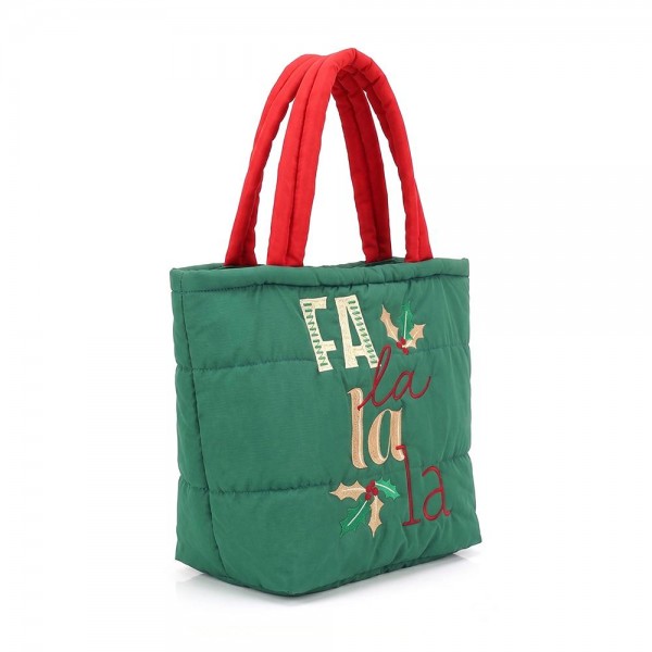 Quilted puffer bag with a padded body and an embroidered holiday script and holly design. Sold as a padded tote and a matching zip pouch so she can carry the big one and keep the small one in it. A seasonal carry for boutique buyers stocking hostess gifts, teacher gifts, cookie exchanges, and holiday markets. Puffy quilted bags are light, wipe clean, and ring up as the easy grab and go gift all December.