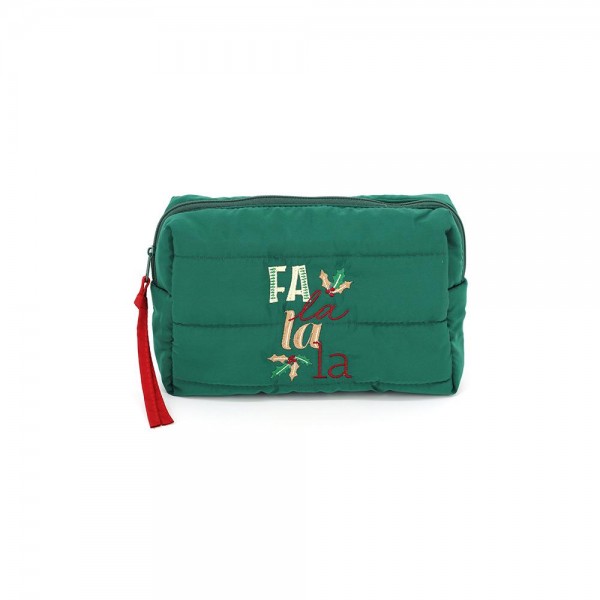 Quilted puffer bag with a padded body and an embroidered holiday script and holly design. Sold as a padded tote and a matching zip pouch so she can carry the big one and keep the small one in it. A seasonal carry for boutique buyers stocking hostess gifts, teacher gifts, cookie exchanges, and holiday markets. Puffy quilted bags are light, wipe clean, and ring up as the easy grab and go gift all December.