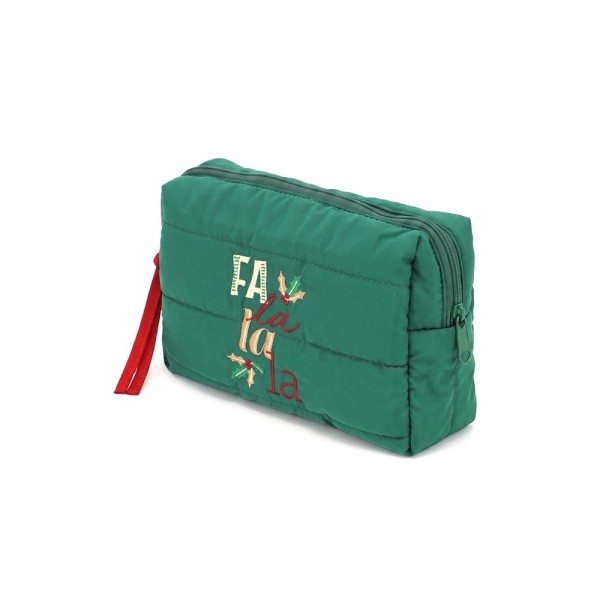 Quilted puffer bag with a padded body and an embroidered holiday script and holly design. Sold as a padded tote and a matching zip pouch so she can carry the big one and keep the small one in it. A seasonal carry for boutique buyers stocking hostess gifts, teacher gifts, cookie exchanges, and holiday markets. Puffy quilted bags are light, wipe clean, and ring up as the easy grab and go gift all December.