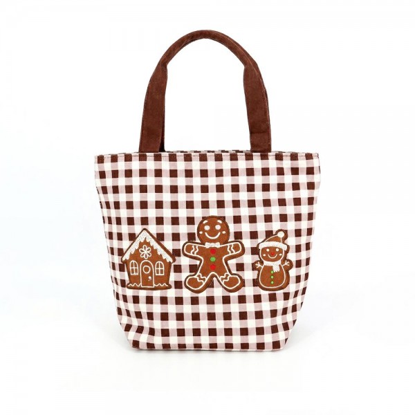 Gingham canvas tote with an embroidered gingerbread scene and contrast webbing handles. Roomy open top carries a wrapped gift, a bottle of wine, or a stack of cookies to the party, and the flat base keeps it upright on a counter. A seasonal carry for boutique buyers stocking hostess gifts, teacher gifts, cookie exchanges, and holiday markets. Embroidered gingham totes double as the gift and the wrapping, which is why they sell out every December.