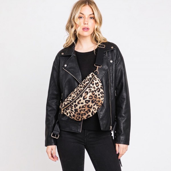 Leopard Print Sling Belt Bag with an adjustable webbed strap and secure zip closure. Wear it crossbody, over the shoulder, or at the waist — a hands-free carry that holds phone, cards, and daily essentials without bulk. Animal print keeps this trend-forward piece in demand year-round; an easy impulse grab that moves quickly at boutique counters.