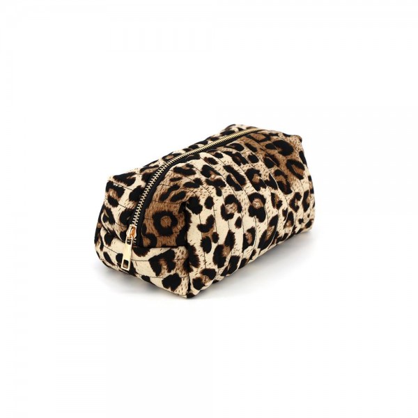 Leopard Print Cosmetic Pouch with a soft textured exterior and smooth zip-top closure. Roomy enough for makeup, brushes, and travel essentials while slipping easily into a tote or carry-on. Animal print never goes out of style — a low-price-point impulse buy that boutique customers add on without thinking twice, and a natural pairing with matching bags.