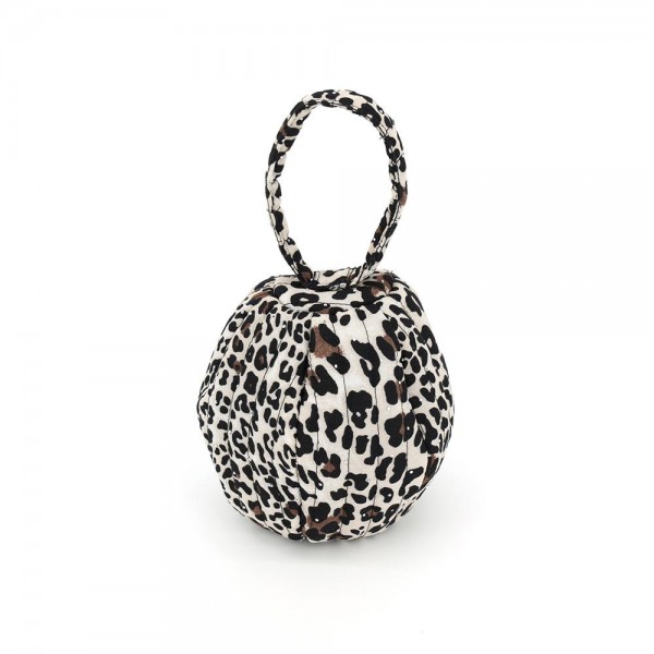 Leopard Print Round Top-Handle Bag with a plush textured exterior and a sleek circular silhouette. The zip closure and structured shape keep essentials tidy while the rounded profile adds a modern, sculptural touch to any look. A conversation-starting shape in a classic animal print — the kind of standout accessory boutique customers buy on sight.