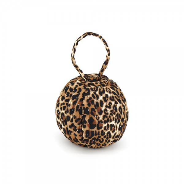 Leopard Print Round Top-Handle Bag with a plush textured exterior and a sleek circular silhouette. The zip closure and structured shape keep essentials tidy while the rounded profile adds a modern, sculptural touch to any look. A conversation-starting shape in a classic animal print — the kind of standout accessory boutique customers buy on sight.