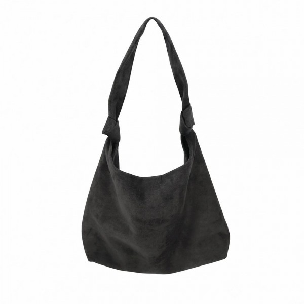 Suede shoulder bag with a soft slouch body, wide strap, and a clean minimal front. Roomy main compartment holds a wallet, phone, and sunglasses without looking bulky under the arm. An everyday carry for boutique buyers stocking travel, campus, farmers markets, and weekend errands. Soft suede shoulder bags are the shape customers come back for in every neutral.