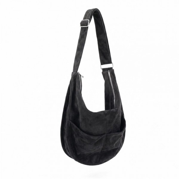 Slouchy suede hobo bag with a wide adjustable strap and a soft unstructured body. Roomy main compartment swallows a wallet, sunglasses, and a water bottle, and the pillow soft body sits close without pulling at the shoulder. An everyday carry for boutique buyers stocking travel, campus, farmers markets, and weekend errands. Soft hobo bags are the shape customers come back for, and the neutral run sells across every outfit.