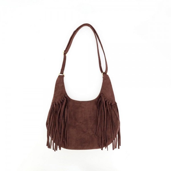 Fringe hobo bag in a soft vegan suede with a slouchy crescent body and a long shoulder strap. Roomy enough for a wallet, sunglasses, and a water bottle, with fringe along the base that moves as she walks. A western leaning piece for boutique buyers stocking concerts, rodeos, festivals, and fall travel. Fringe bags are the accessory customers photograph, and they reorder every fall.
