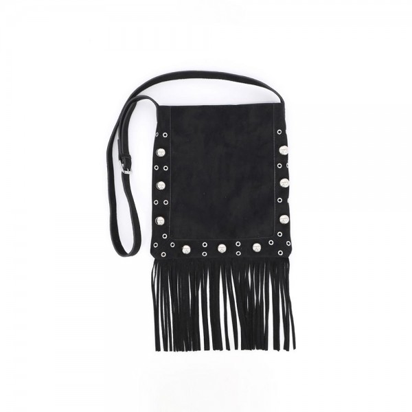 Fringe crossbody bag in a soft vegan suede with a long adjustable strap and studded trim. Slim body carries a phone, wallet, and keys, while the extra long fringe sways with every step. A western leaning piece for boutique buyers stocking concerts, rodeos, festivals, and fall travel. Fringe bags are the accessory customers photograph, and they reorder every fall.