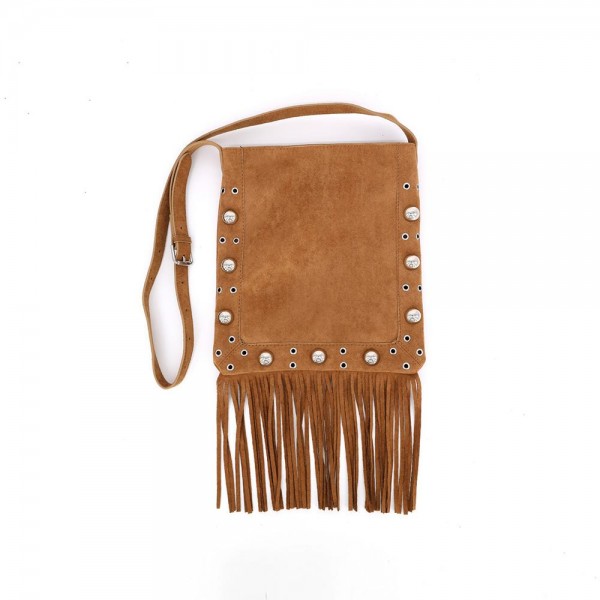 Fringe crossbody bag in a soft vegan suede with a long adjustable strap and studded trim. Slim body carries a phone, wallet, and keys, while the extra long fringe sways with every step. A western leaning piece for boutique buyers stocking concerts, rodeos, festivals, and fall travel. Fringe bags are the accessory customers photograph, and they reorder every fall.