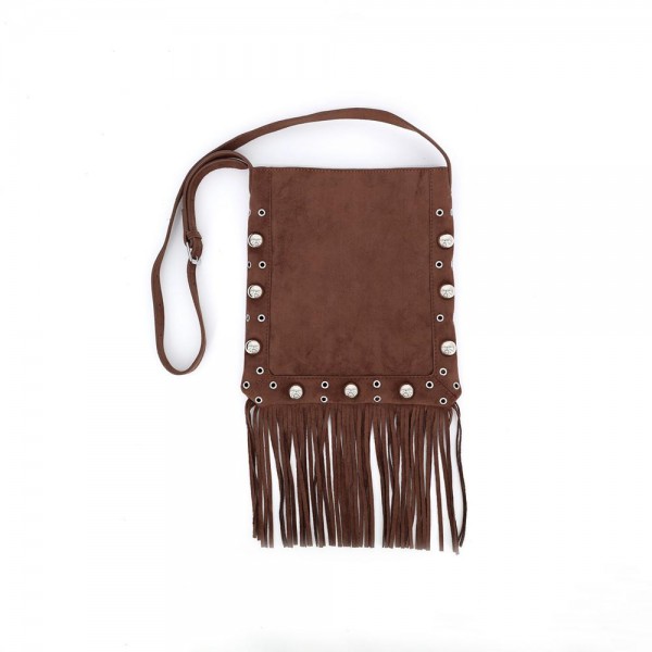Fringe crossbody bag in a soft vegan suede with a long adjustable strap and studded trim. Slim body carries a phone, wallet, and keys, while the extra long fringe sways with every step. A western leaning piece for boutique buyers stocking concerts, rodeos, festivals, and fall travel. Fringe bags are the accessory customers photograph, and they reorder every fall.