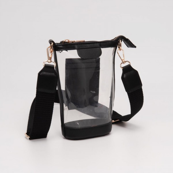 Clear Rectangular Cross Body Bag With Vegan Leather Trim

- Full Zip Closure
- Three Internal Card Holders 
- Detachable Cross Body Strap 
- Approximately 5" L X 8" T X 2" D
