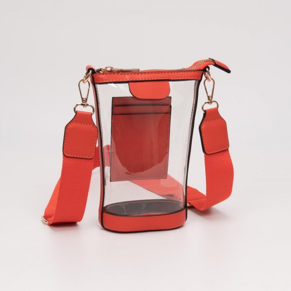 Clear Rectangular Cross Body Bag With Vegan Leather Trim

- Full Zip Closure
- Three Internal Card Holders 
- Detachable Cross Body Strap 
- Approximately 5" L X 8" T X 2" D