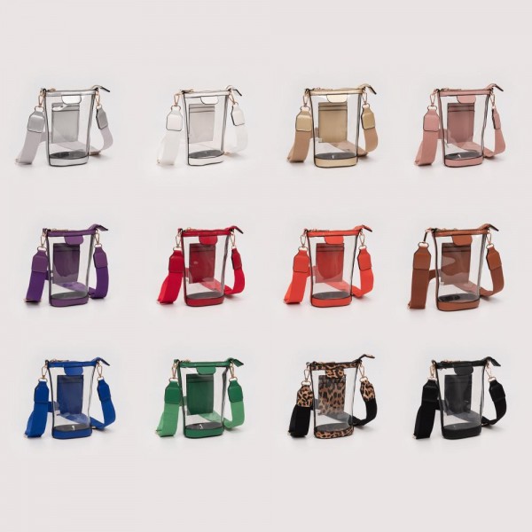 Clear Rectangular Cross Body Bag With Vegan Leather Trim

- Full Zip Closure
- Three Internal Card Holders 
- Detachable Cross Body Strap 
- Approximately 5" L X 8" T X 2" D