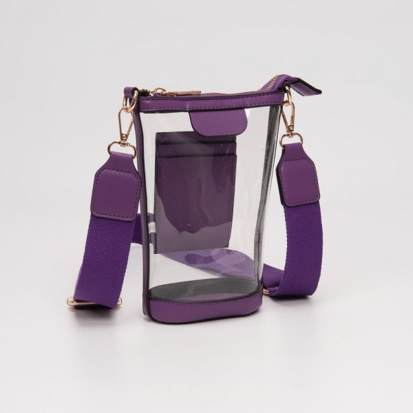 Clear Rectangular Cross Body Bag With Vegan Leather Trim

- Full Zip Closure
- Three Internal Card Holders 
- Detachable Cross Body Strap 
- Approximately 5" L X 8" T X 2" D
