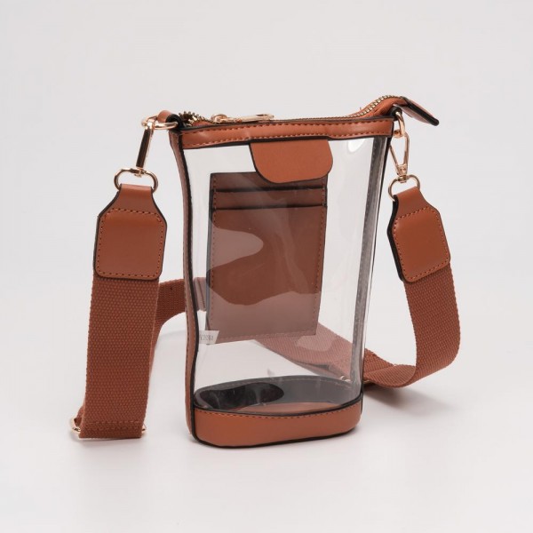 Clear Rectangular Cross Body Bag With Vegan Leather Trim

- Full Zip Closure
- Three Internal Card Holders 
- Detachable Cross Body Strap 
- Approximately 5" L X 8" T X 2" D