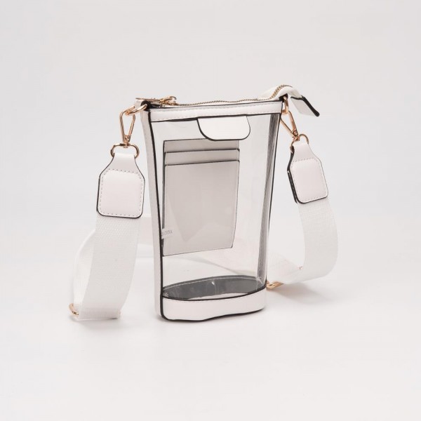 Clear Rectangular Cross Body Bag With Vegan Leather Trim

- Full Zip Closure
- Three Internal Card Holders 
- Detachable Cross Body Strap 
- Approximately 5" L X 8" T X 2" D