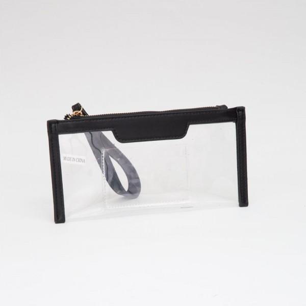 Clear Wristlet With Vegan Leather Trim

- Full Zip Closure
- One Internal Card Holder 
- Detachable Wristlet Handle 
- Approximately 9" L X 7.5" T X 2" D