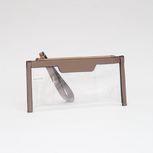 Clear Wristlet With Vegan Leather Trim

- Full Zip Closure
- One Internal Card Holder 
- Detachable Wristlet Handle 
- Approximately 9" L X 7.5" T X 2" D