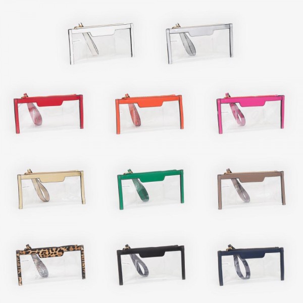 Clear Wristlet With Vegan Leather Trim

- Full Zip Closure
- One Internal Card Holder 
- Detachable Wristlet Handle 
- Approximately 9" L X 7.5" T X 2" D