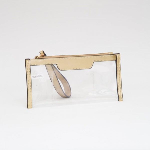 Clear Wristlet With Vegan Leather Trim

- Full Zip Closure
- One Internal Card Holder 
- Detachable Wristlet Handle 
- Approximately 9" L X 7.5" T X 2" D