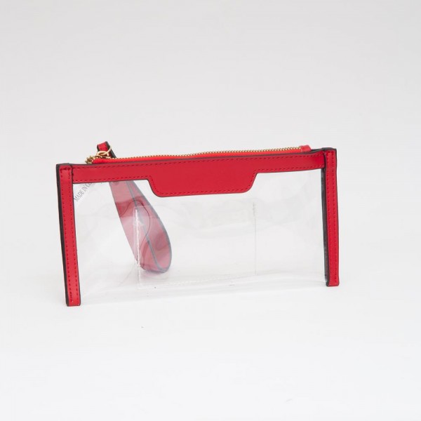 Clear Wristlet With Vegan Leather Trim

- Full Zip Closure
- One Internal Card Holder 
- Detachable Wristlet Handle 
- Approximately 9" L X 7.5" T X 2" D