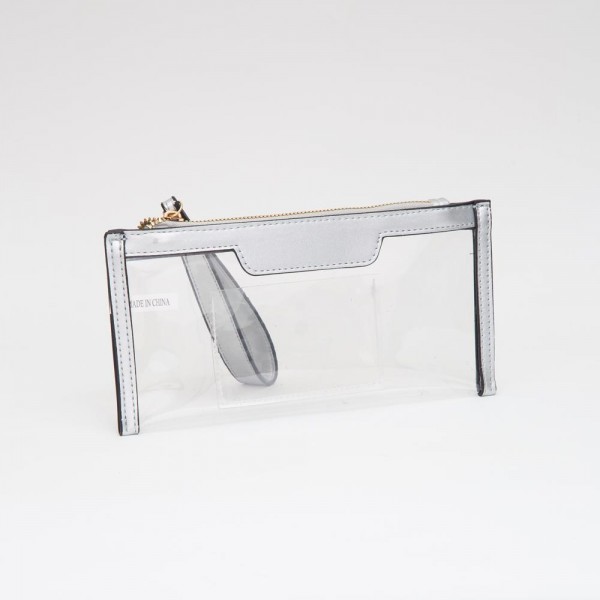 Clear Wristlet With Vegan Leather Trim

- Full Zip Closure
- One Internal Card Holder 
- Detachable Wristlet Handle 
- Approximately 9" L X 7.5" T X 2" D