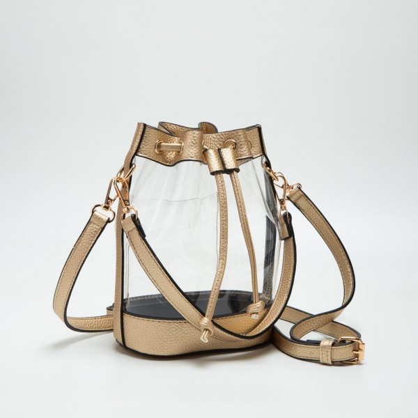 Clear Cross Body Bag With Vegan Leather Trim & Drawstring Closure 

- One Internal Card Holder 
- Detachable Cross Body Strap 
- Approximately 8" L X 8" T X 2" D