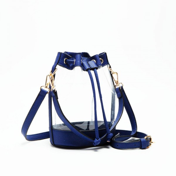 Clear Cross Body Bag With Vegan Leather Trim & Drawstring Closure 

- One Internal Card Holder 
- Detachable Cross Body Strap 
- Approximately 8" L X 8" T X 2" D