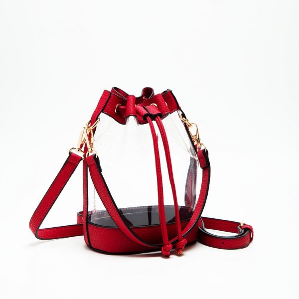Clear Cross Body Bag With Vegan Leather Trim & Drawstring Closure 

- One Internal Card Holder 
- Detachable Cross Body Strap 
- Approximately 8" L X 8" T X 2" D
