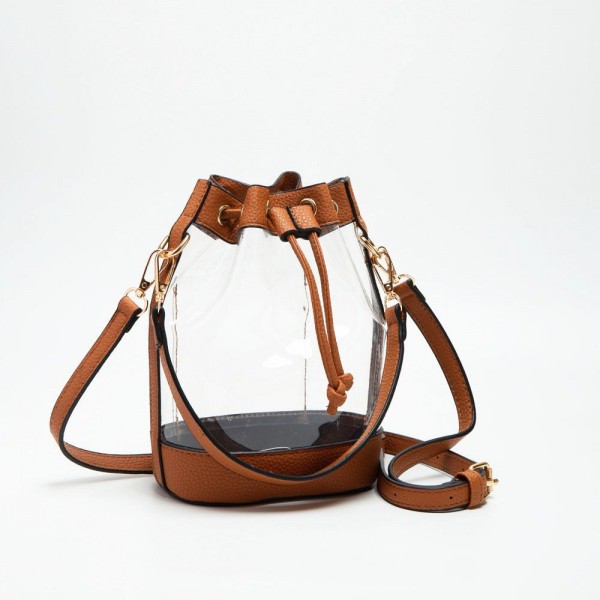 Clear Cross Body Bag With Vegan Leather Trim & Drawstring Closure 

- One Internal Card Holder 
- Detachable Cross Body Strap 
- Approximately 8" L X 8" T X 2" D