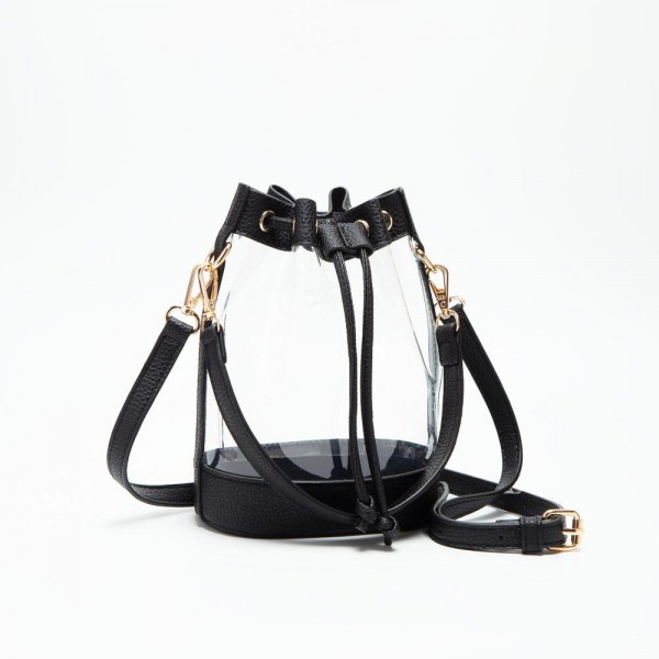 Clear Cross Body Bag With Vegan Leather Trim & Drawstring Closure 

- One Internal Card Holder 
- Detachable Cross Body Strap 
- Approximately 8" L X 8" T X 2" D