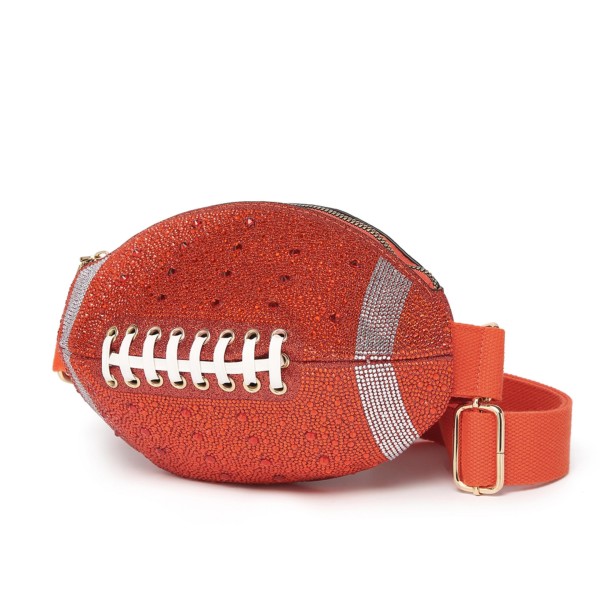 Rhinestone & Glitter Football Crossbody Bag 

- Zip Closure
- Lined Body 
- Adjustable Canvas Crossbody Strap 
- Approximately 4" T x 11" L x 5" D