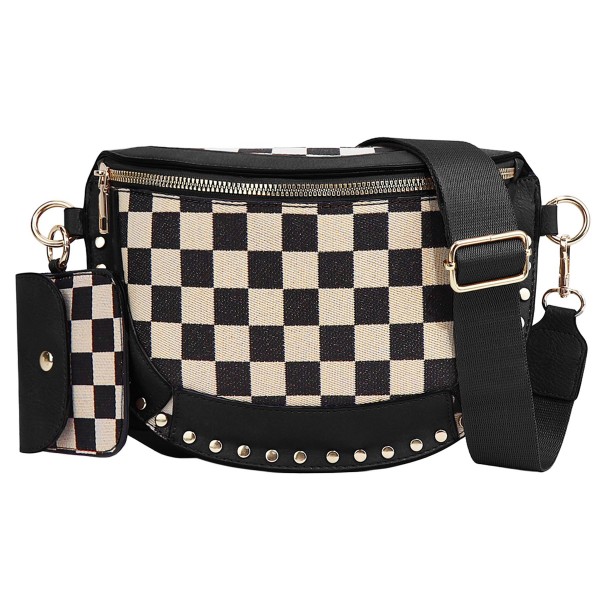 Do Everything In Love Vegan Leather & Canvas Checker Cross Body Bag 

- Full Zip Closure
- Lined Body
- 3 Pocket Card Holder 
- Snap Wallet Included
- Open Back Pocket 
- Removable Cross Body Strap
- 100% Polyester   
- Approximately 12" L X 9" T 