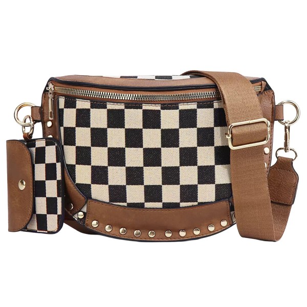 Do Everything In Love Vegan Leather & Canvas Checker Cross Body Bag 

- Full Zip Closure
- Lined Body
- 3 Pocket Card Holder 
- Snap Wallet Included
- Open Back Pocket 
- Removable Cross Body Strap
- 100% Polyester   
- Approximately 12" L X 9" T 