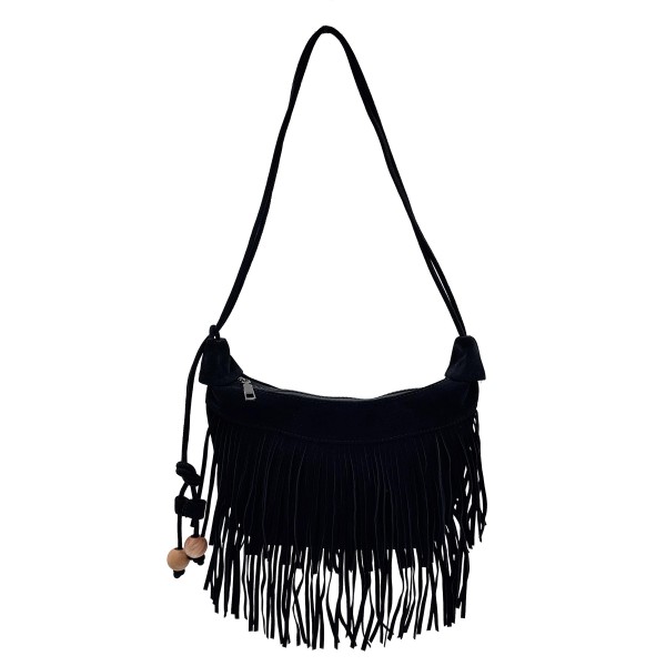 Do Everything In Love Suede Fringe Crossbody Bag With Wooden Ball Tassel 

- Full Zip Closure
- Lined Body
- 1 Internal Zip Closure 
- 100% Polyester 
- Approximately 11.5" L X 7" T X 2" D