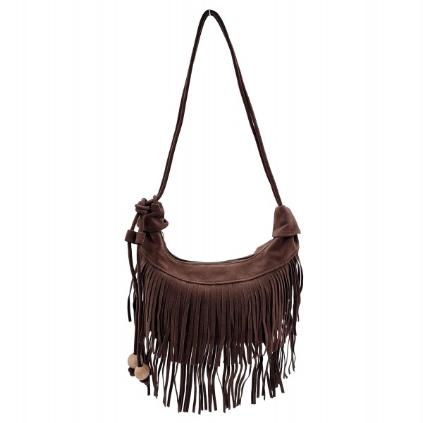 Do Everything In Love Suede Fringe Crossbody Bag With Wooden Ball Tassel 

- Full Zip Closure
- Lined Body
- 1 Internal Zip Closure 
- 100% Polyester 
- Approximately 11.5" L X 7" T X 2" D