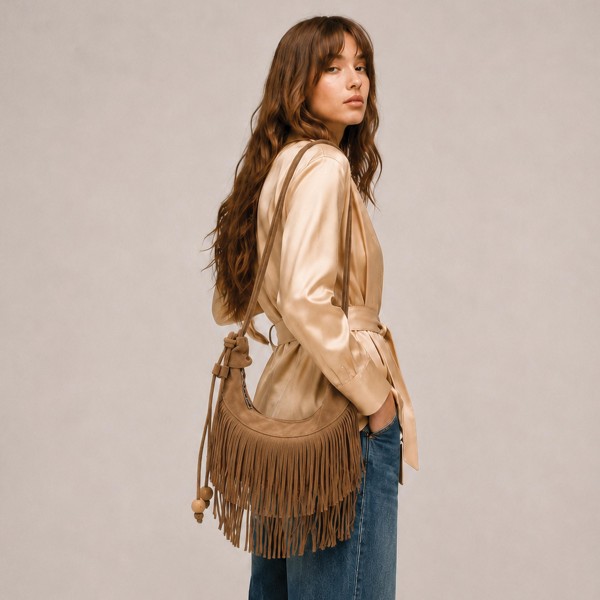 Do Everything In Love Suede Fringe Crossbody Bag With Wooden Ball Tassel 

- Full Zip Closure
- Lined Body
- 1 Internal Zip Closure 
- 100% Polyester 
- Approximately 11.5" L X 7" T X 2" D