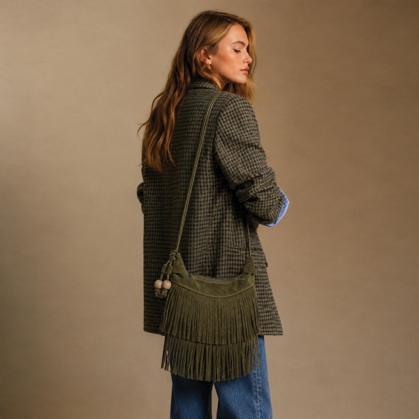 Do Everything In Love Suede Fringe Crossbody Bag With Wooden Ball Tassel 

- Full Zip Closure
- Lined Body
- 1 Internal Zip Closure 
- 100% Polyester 
- Approximately 11.5" L X 7" T X 2" D